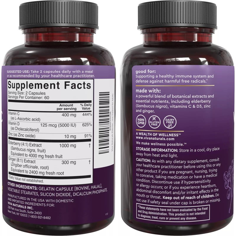 Viva Naturals Elderberry Supplement With Zinc Vitamin C 120 Count