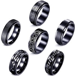 LOWNOUR Fidget Rings for Anxiety 6pcs Stainless Steel Rings for Men Fidget Ring Black Anxiety Spinner Ring Set for Women Men
