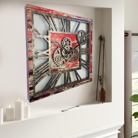 The Gears Clock 24'' Inch Square Real Moving Gear Wall Clock Vintage Industrial Oversized Rustic Farmhouse (Red Lava)