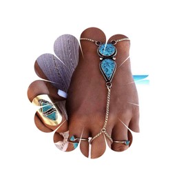 Inateannal Boho Turquoise Slave Bracelet Turquoise Finger Ring Bracelet Vintage Turquoise Wrist Bracelet Silver Hand Harness Chain Jewelry for Women and Girls