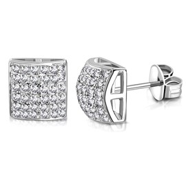 My Daily Styles – 925 sterling silver earrings – Unisex Stud Earrings – Round-Cut Cubic Zirconia Stone Inlaid Earrings – Screw Back Closure - Square Stud Earrings for Women and Men - 0.35" (Silver)