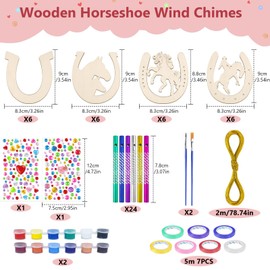 REJOECE 24 Pcs Wooden Horseshoe Wind Chimes, Wooden Horseshoe Kits，Horseshoe Decorative Wind Chime Craft Set, Garden Wind Chimes, Horseshoe Wood for Painting, DIY Crafts Decorating
