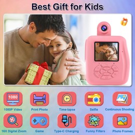 GKTZ Kids Camera Instant Print - 1080P HD Instant Print Photo - Christmas Birthday Gifts for Age 4 5 6 7 8 9 10 Girls Boys - Portable Toy with 3 Rolls Photo Paper, 32GB Card, 5 Color Pens - Pink