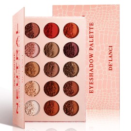 Neutral Nude Eyeshadow Palette Rose Gold Smokey Red Brown Highly Pigmented Matte Shimmer Metallic 15 Colours Eyeshadow Palette with DE'LANCI Professional Warm Natural Bronze Tone