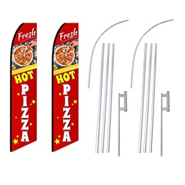 Fresh Hot Pizza Red Feather Flag | 3ft W x 11.5ft H | Durable Super-Knit Polyester with Aluminum Flagpole and Ground Spike | Outdoor Advertising Banner Flag for Promotions | Two Kits w/Hardware