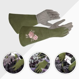 Intra-FIT Garden Gloves, Rose Gloves, Gardening Gloves, Long Sleeve, Synthetic Leather, Soft, Grip, Thorn-Proof, Fit, Floral Pattern, Olive, Large