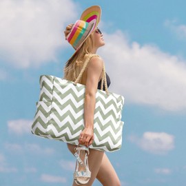 oscaurt Beach Bag Striped Tote Bag Swimming Bag Waterproof Beach Bag Large with Zip Shopper Bag Women's Beach Bag XXL Family Shopping Bag Shoulder Bag Plain Bag Travel Bag, Grey Green Wave