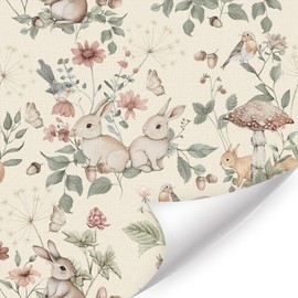 HLNIUC Boho Rabbit Peel and Stick Wallpaper 17”x118”Easter Bunny Contact Paper Spring Flower Mushroom Art Paper Beige Plant Leaves Wall Mural Vintage Botanical Floral Wallpaper for Bedroom Cabinets