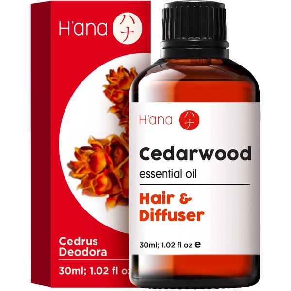 H’ana Cedarwood Essential Oil for Hair Growth & Diffuser - 100% Pure & Natural Therapeutic Grade Essential Oil Cedarwood Oil for Hair Growth, Aromatherapy & Skin (1 fl oz)