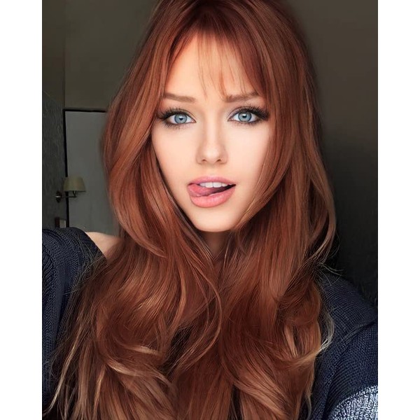 LANOVA Ginger Ombre Wigs with Bangs, Best Synthetic Wig for Women, Copper Red Wigs , Auburn Wig with Dark Roots Natural Straight Wig 24 inch LANOVA-148