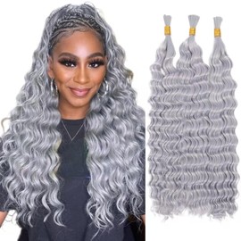 Hailookmey Human Braiding Hair for Boho Braids 150g Deep Wave Human Hair for Braiding 3 Bundles/Pack No Weft Curly Human Hair Extensions for Braids (Grey Color,22 Inch)