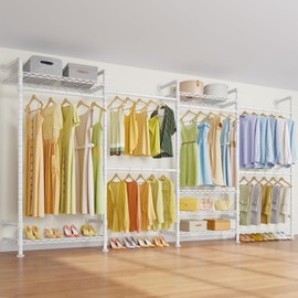 Timate F4 Wall Mounted Clothes Rack Industrial Pipe Clothing Rack for Hanging Clothes, Expandable Garment Rack Heavy Duty Wardrobe Closet Organizer and Storage, Adjustable Industrial Closet Kit, Gold