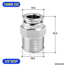 TAILONZ PNEUMATIC 304 Stainless Steel Male Straight 10mm Pipe OD x 3/8 BSP Push to Connect Fittings PC10-03 (Pack of 5)