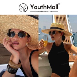 YouthMall Trendy Oval Sunglasses for Women Men Retro Metal Oval Sun Glasses 90s Vintage Shades (Gold/Grey)