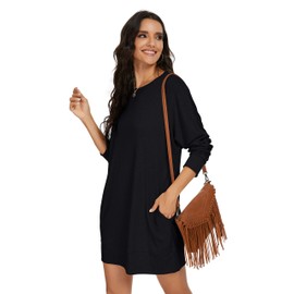PrinStory Women's Long Sleeves Dresses Causal Loose Round-Neck Tuinc Tops Basic Dress with Side Pockets US XX-Large Black