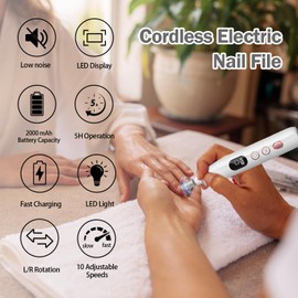 Electric Nail File, 10 Speeds Cordless Nail Drill with LED Light, Portable Manicure Pedicure Kit for Acrylic Gel Nails Thick Toenails Nail Grind, Hand Natural Nails Care - 10 Bits & 120 Sanding Bands