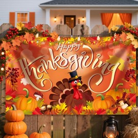 CJYGEGE Large Happy Thanksgiving Banner Decorations - 72x44 Inch Thanksgiving Sign Outdoor with Turkey, Pumpkins and Maple Leaf for Yard, Porch, Home, Indoor Party Gifts & Photo Booth Backdrop