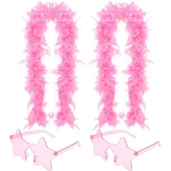 Dearlan Colorful Feather Boas with Heart Rimless Sunglasses, 6.6ft Feather Boa for Women for Dancing Wedding Party Cosplay Halloween (Pink)