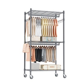 Homdox Garment Rack Heavy Duty, 3 Tier Rolling Clothing Racks for Hanging Clothes, Metal Wardrobe Closet, Free-Standing Clothes Organizer Rack with Double Rods & Side hooks, Gray