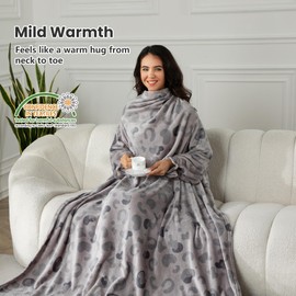 Wearable Blanket with Sleeves Adults,Super Soft Blanket for Women Men, Warm Cozy, Lightweight TV Throw for Full Body with Hook and Loop Fastener, Elastic Cuffs (Grey Print 55.1"X70.8")