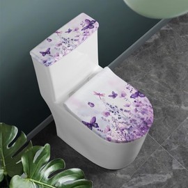 KUIFORTI Butterfly Toilet Lid Cover and Toilet Tank Lid Cover Set 2 Pack Purple Leaves Toilet Cover Dust Cover Toilet Seat Covers for Bathroom Accessories