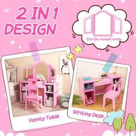 Costzon Kids 2-in-1 Princess Makeup Desk & Chair with Detachable Mirror, Shelves, Pretend Play Dressing Table for Girls (Pink)
