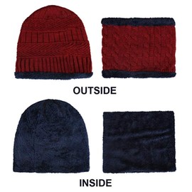 World of Shawls Unisex Men Women Knitted Fleece Beanie Hat and Circle Scarf Snood Set Warm Soft and Comfortable (Maroon)