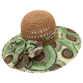 Anopo Straw Sun Hat BohemianFloral Floppy Summer Beach Cap with Bow UV Protection Wide Brim Folding Visor Hat Travel Outdoors A Green