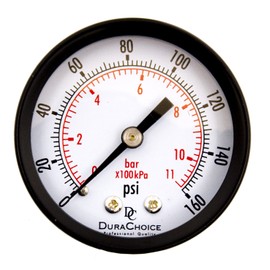 DuraChoice 2" Dial Utility Pressure Gauge, Water Oil Gas, 1/4" NPT Center Back Mount, Black Steel Case, 0-160 PSI