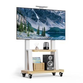 Mobile TV Stand Rolling TV Cart with Wheels for 32-75 Inch Flat/Curved Led/LCD/OLED Portable Floor TV Stand with Shelf, Height Adjustable Heavy-Duty Holds up to 180lbs,Max VESA 600 * 400mm (White)