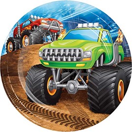 Club Pack of 96 Green and Black Monster Truck Rally Dessert Round Plates 6.8"