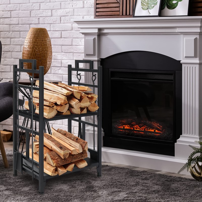 COOBL Firewood Rack Holder with Fireplace Tools,Brush, Shovel, Tong, Hook,Metal