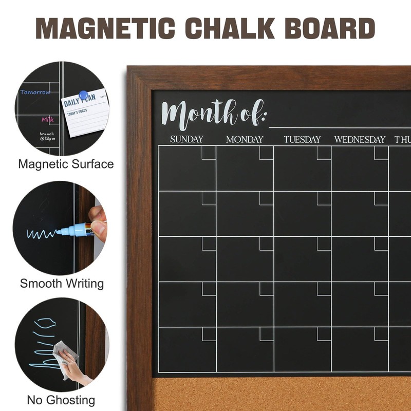4 THOUGHT Chalkboard Calendar Corkboard Combo, 18" x 24" Bulletin