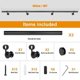 Patavin 10Ft Industrial Metal Stairs Handrail Kit, Sturdy Wall Mount Aluminum Hand Rail, Indoor Outdoor Stair Railing Wood Concrete Brick Wall,1.5 in Round Pipe Grab Bar, Matte Black-10FT