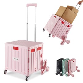 MACOPRO Foldable Utility Cart with Stair Climbing Wheels, Collapsible Rolling Crate with Telescoping Handle, Folding Shopping Trolley Handcart Grocery Book File Tool Teacher Storage Basket (Pink)