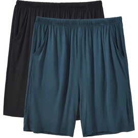 JINSHI Men’s 2 Pack Stretch Pajama Shorts with Drawstring Elastic Waist Sleep Shorts(L,Black/Lake Blue)