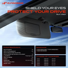 A-Premium Passenger Right Side Sun Visor Compatible with Toyota Highlander 2008 2009 2010 2011 2012 2013 - Without Vanity Light, with Vanity Mirror, with Sliding Sun Visor Extension, Gray Color