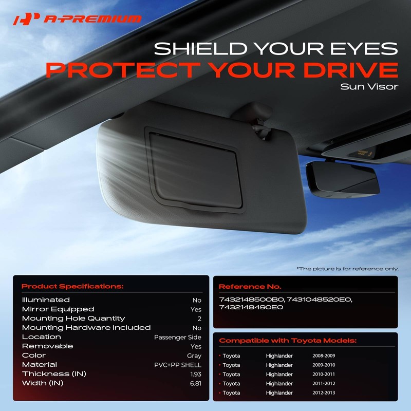 A-Premium Passenger Right Side Sun Visor Compatible with Toyota Highlander