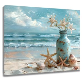 LB Beach Coastal Wall Art Starfish with White Flower in Vintage Vase on Teal Beach Wall Art Beach Scene Canvas Wall Decor for Living Room Bedroom Bathroom Office Framed Ready to Hang 12L x 16W