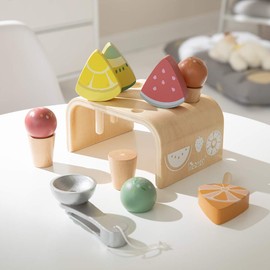 howa 4889 Children's Wooden Ice Cream Stand with Ice Cream Scoop, 3 Ice Balls and Waffles, 4 Ice Cream Style, Wooden Toy Ice Shop Accessories