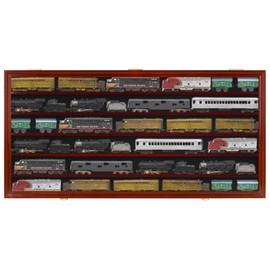 HO Scale Model Train Display Case Rack Wall Cabinet Wall Shelves Compatible with Hot Wheels 1:64 ad 1:43 Scale Toy Cars w/98% UV Protection- Lockable (Mahogany Finish)