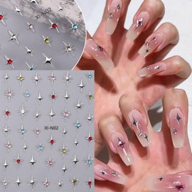 Star Nail Art Stickers Decals 3D Rhinestone Laser Silver Gold Black White Star Nail Stickers for Nail Art Summer Nail Design Kit Nail Accessories Self-Adhesive DIY Acrylic Nail Art Supplies 6Sheet