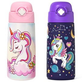 Girls Insulated Water Bottle with Covered Pop-Up Straw,16 oz Kids Cups with Stainless Steel Leak Proof for School（2 pack,Unicorn+Unicorn）
