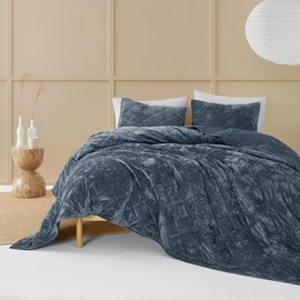 Wonderful Velvet Quilt Queen Bedding Set Blue, Lightweight Stitched Comforter with Shams, Luxury Diamond Bedspread Soft Coverlet with Brushed Back for All Season