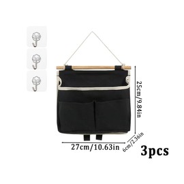 Kellegour 3 Pieces Wall Hanging Storage Bag with Pockets,Wall Hanging Organizer with Pockets,Hanging Storage Organiser,Linen-Cotton Bedside Storage with Hooks,for Kitchen,Bedroom,Office,RV Car,Black