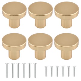 HONSNKS Gold Round Metal Dresser Drawer Knobs, Brushed Solid Brass Hardware Pulls Drawer Handle for Kitchen Cabinet, Dresser Drawer, Desk Drawers, Closet, Wardrobe Door Handles with Screws(6 Pack)