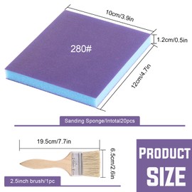 Swpeet 21Pcs 4.72 x 3.9 x 0.47 Inch Blue #280 Grit Ultra Fine Wet and Dry Sanding Sponge Sanding Blocks and Wooden Paint Brush Assortment Kit, Soft Foam Sand Block Flexible Sanding Pads