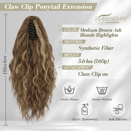 BARSDAR Claw Clip Ponytail Extension, 45 cm Long Curly Wavy Clip in Ponytail Hair Extensions, Natural Synthetic Hairpieces, Ponytail Extension for Women