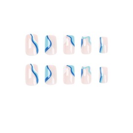 24PCS Short False Nails with Glue Stickers,Coffin Full Cover Acrylic and Press on Nails no Glue, White Blue Waves French Fake Nails Stick for Women and Girls Nail Art.