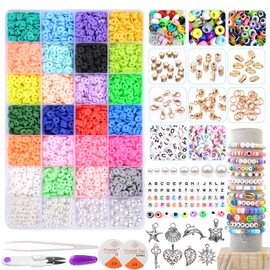 Dulzod 7200Pcs Clay Beads for Bracelets Making,6mm 24 Colors Flat Round Polymer Clay Heishi Beads with Pear Beads Pony Beads Letter Beads Evil Eye Beads and Pendant Charms for Jewelry Making